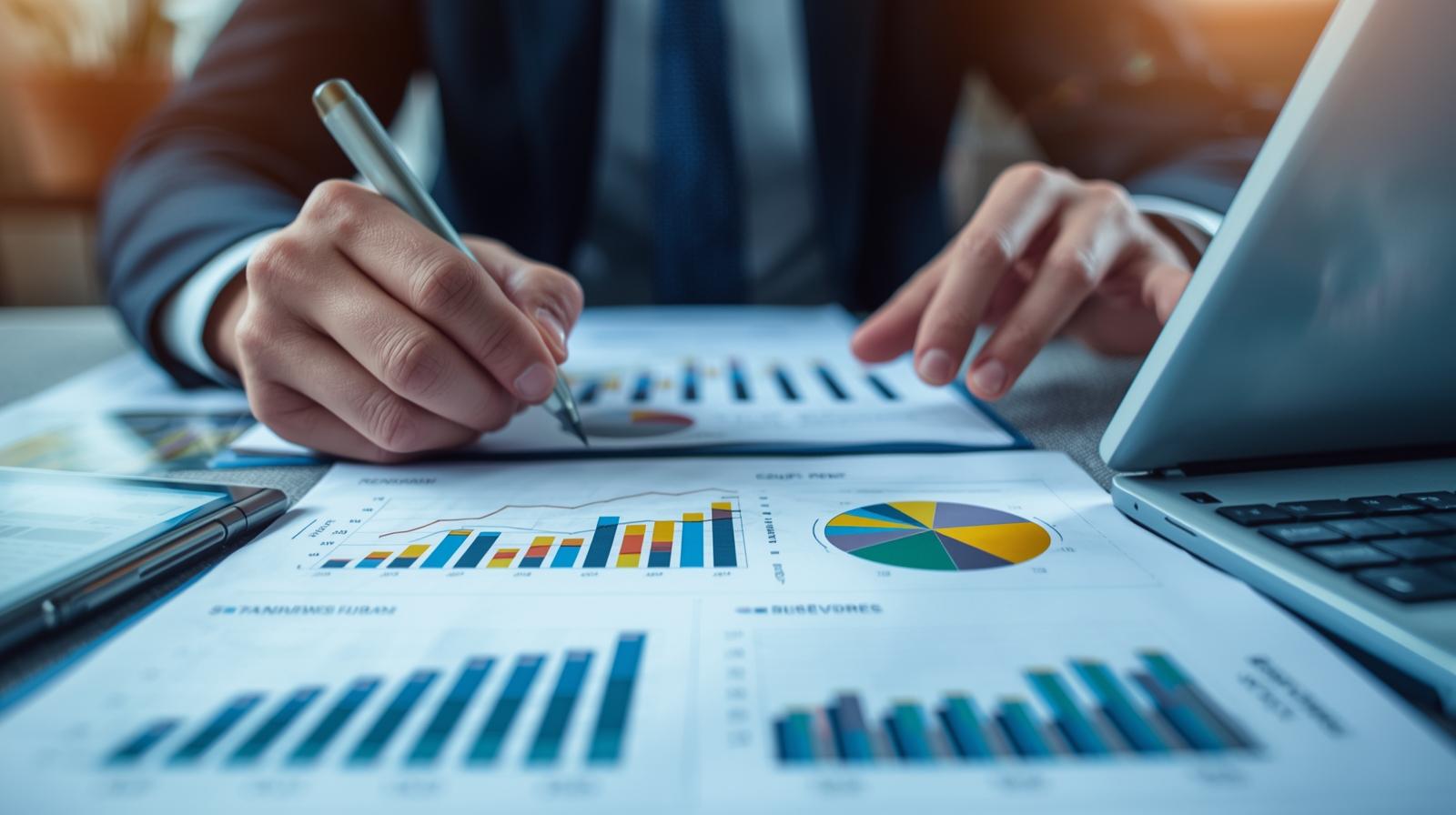 Business analyst reviewing financial performance charts